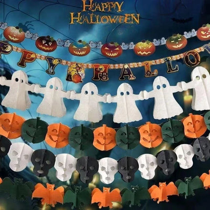 3PCS Halloween Bat Vampire Pumpkin Ghosts Spider Paper Banner 3M Terror Hanging Garland Bunting Happy Party For Home Decorations