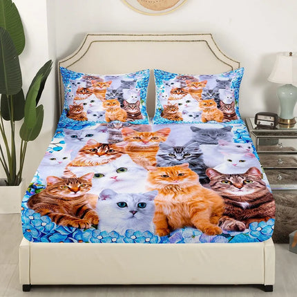 Cartoon Cat Bed Sheet Set,Watercolor Animals Butterfly Cat Fitted Sheet and Pillowcase for Kids Boys Girls Teens Queen Size 3Pcs