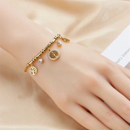 DIEYURO 316L Stainless Steel Round Tree White Zircon Charm Bracelet For Women Girl New Fashion Non-fading Jewelry Gift Party