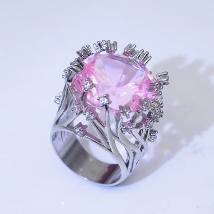 New 925 Sterling Silver Ring Inlaid Pink Crystal Zircon Exaggerated Ring For Woman Wedding Jewelry Gift