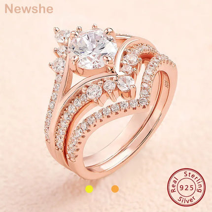 Newshe Vintage Crown Shape Wedding Engagement Ring Sets for Women Rose Gold 925 Sterling Silver AAAAA CZ Chevron Stacking Band