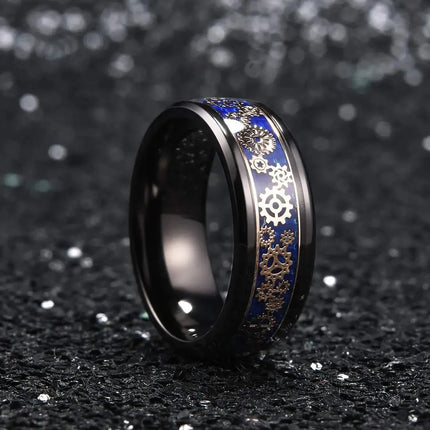 New Fashion Steampunk Gear Wheel Men Stainless Steel Ring Inlay Carbon Fiber Rings For Men Rock Punk Wedding Band Jewelry