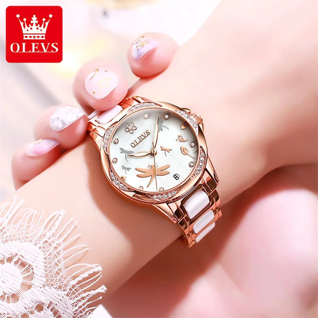 OLEVS Luxury Brand Butterfly Dial Women Automatic Mechanical Watch Ceramic Strap Waterproof Fashion Ladies Watches Relojes Mujer