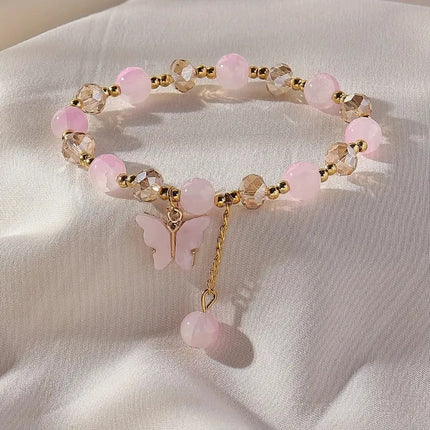 Women Girls Glass Beads Bracelet Butterfly Shape Pendant Ladies Elegant Charm Bacelet Jewelry Accessories