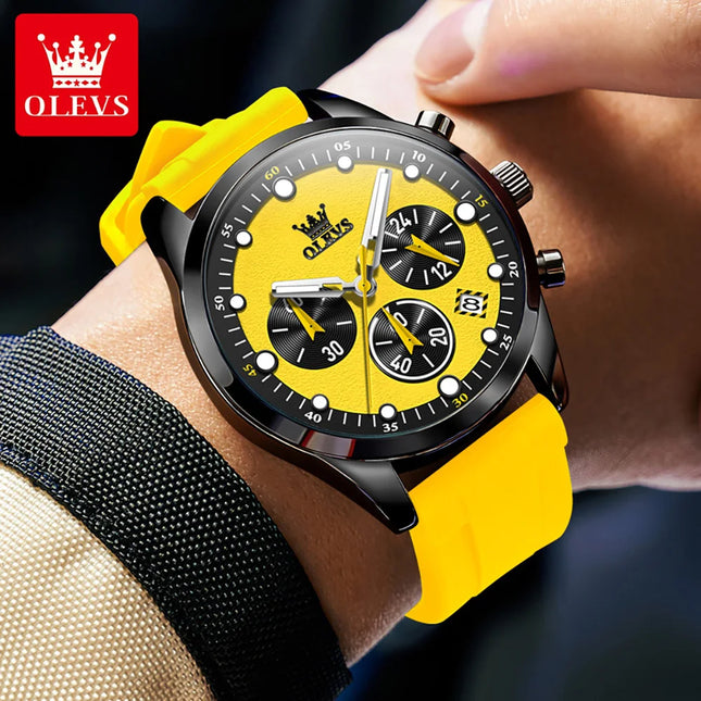 OLEVS Original Men's Watches Multifunctional Chronograph Fashion Trend Yellow Rubber Strap Luminous Waterproof Quartz Watch Men