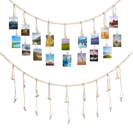 Wooden Beads Photo Garland Banner Wedding Decoration For Home Living Room Decoration Wall Hanging Photo Display Rustic Decor