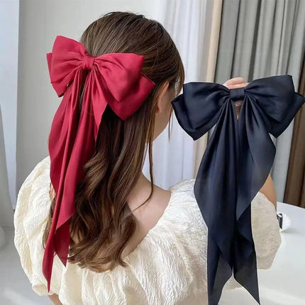 Women Large Bow Ribbon Hairpin Summer Chiffon Big Bowknot Stain Bow Barrettes Women Solid Color Ponytail Clip Hair Accessories