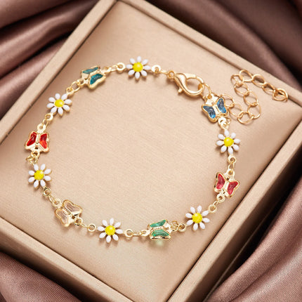 Exquisite Colorful Daisy Flower Bracelet for Women Boho Crystal Butterfly Zircon Sweet Flower Metal Chain Bracelet Party Jewelry