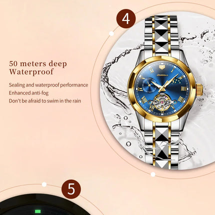 JSDUN Couple Watch Automatic Mechanical Tourbillon Design Tungsten steel Waterproof Moon Phase Date Week Lovers Wristwatch Set