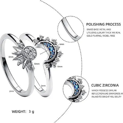 2pc/set Summer Couple Ring Set Sky Blue Sparkling Moon and Sun Ring 2023 New Women's Stackable Finger Set Engagement Jewelry