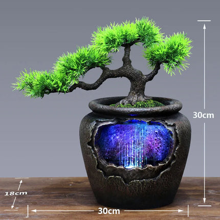 7Color Led Change Creative Indoor Resin Flower Pot Flowing Water Sound Waterfall Fountain Garden Feng Shui Simulation Tree Craft