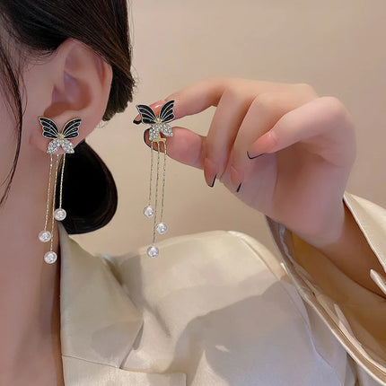 Korean Style Imitation Pearl Tassel Earrings with Crystal Fringe - Vintage Jewelry for Women