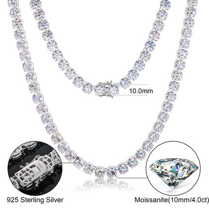 10mm Sparkling Moissanite Tennis Chain Necklace 100% 925 Sterling Silver Pass Diamond Test Fine Jewelry Chains Men Hip Hop Box