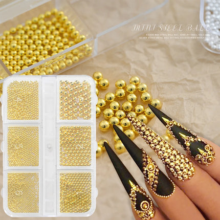 1Box Gold/Silver Metal Beads Nail Charms Mixed Sizes Beads Balls Nail Art Decoration Caviar Beads Y2K Manicure DIY Accessories