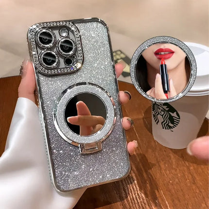 Luxury Diamond Clear Glitter Magsafe Case For iPhone 15 14 13 12 11 Pro Max 15Plus Mirror Magnetic Phone Holder Stand Soft Cover