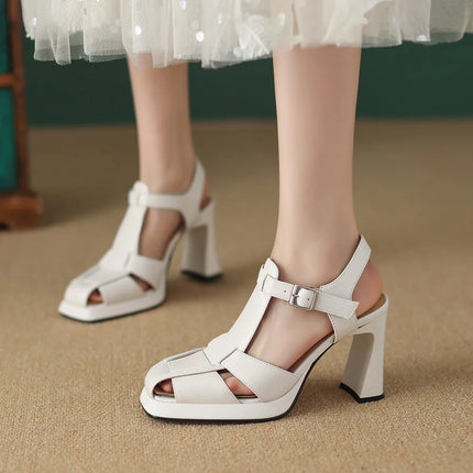 Aucegi Summer 2024 Square Toe Genuine Leather Sandals Dress Women’s Chunky High Heels Buckle Strap Tooling Style Shoes Beige