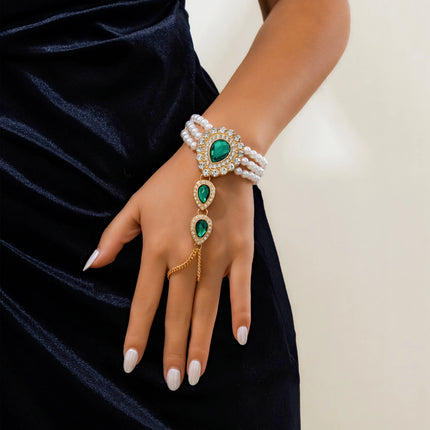 KunJoe  Luxury Green Rhinestone Droplet Connected Finger Chain Bracelet Women Elegant Multi-layer Imitation Pearl Bracelet