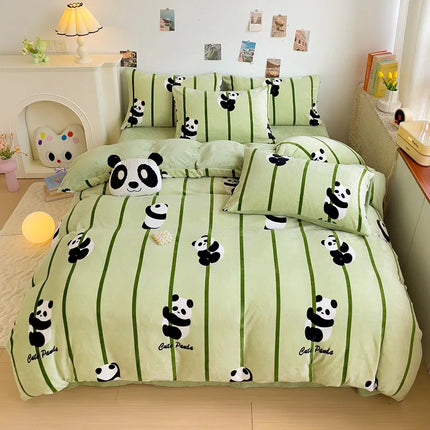 Cute Cartoon Panda 3pcs Duvet Cover Set Sage Green Thickened Milk Velvet Comforter Covers Boys Girls Bedding with Pillowcase