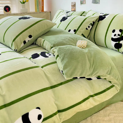 Cute Cartoon Panda 3pcs Duvet Cover Set Sage Green Thickened Milk Velvet Comforter Covers Boys Girls Bedding with Pillowcase