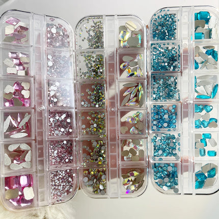 Hot Selling 12 Grids Nail Art Rhinestones Jewelry Set Multi-shapes Colorful Flatback Nail Charms Diamonds 3D Nails Accessories