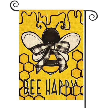 1PC  Bee Happy Pattern Linen Cotton Garden Flag Banner Indoor Outdoor Home Garden Hanging Decor