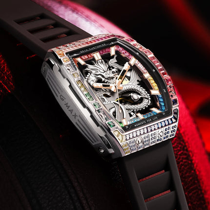 GEYA Dragon Automatic Mechanical Men’s Watch, Skeleton Dial with Multi-Color Diamonds Tonneau Chinese loong Analog Watches 78175