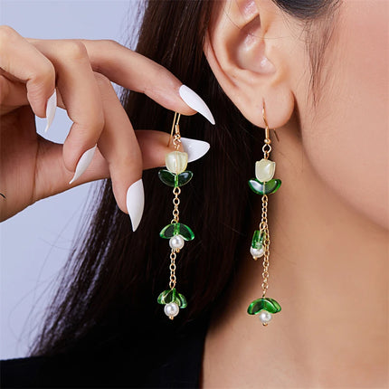 Korean Exquisite Imitation Pearl Tassel Drop Earring For Women Shiny  Zircon Flower Leaf Long Ear Line Geometric Earring Jewelry