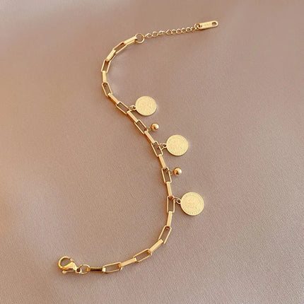 1pcs Gold-color Bracelet Ladies Hip Hop Style Stainless Steel Round Sign Portrait Pendant Wide Cross Chain Jewelry