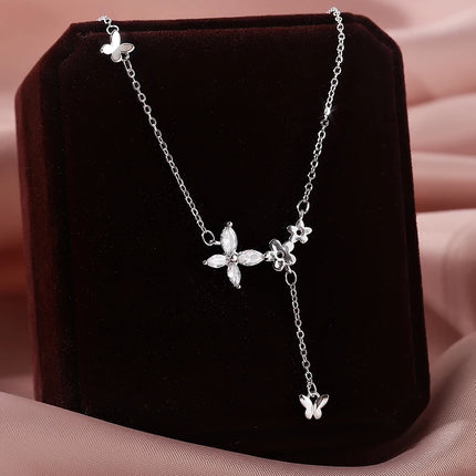 925 Sterling Silver Flower Necklace Female Simple Temperament Shiny Zircon Butterfly Tassel Clavicle Chain Wedding Jewelry Gift