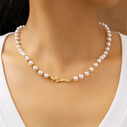 Stainless Steel Necklaces Letter Mama Pendant Charms Clavicle Chain Fashion Imitation Pearl Necklace For Women Jewelry Kpop Gift