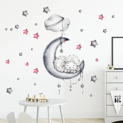 1Pc Cartoon Cute Star Moon Sleep Sheep Wall Stickers Kids Room Decoration Bedroom Child Home Decor for House Living Room DIY