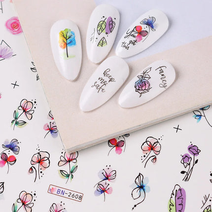 12 pcs Nail Sticker Set Summer Water Decal Nail Art Ink Flowers Leaves Graffiti Slider for Nail Decoration Foils Tattoo