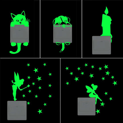 Light Switch Sticker Luminous Wall Stickers Cartoon Glow In The Dark Sticker Decal For Kids Room Decoration Home Decor Cat Fairy