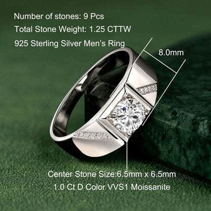 Newshe Moissanite Rings for Men 925 Sterling Silver Solitaire Round 1.0 Ct Diamond Ring Promise Wedding Band Luxury Jewelry