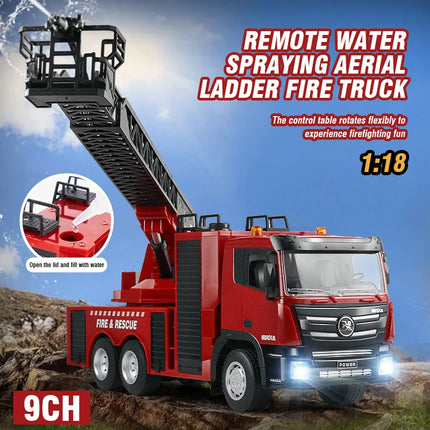 HUINA 1:18 9 Channel Remote Control Alloy Fire Sprinkler Truck Toys for Boys Girls LED RC Fire Fighting Truck with Aerial Ladder