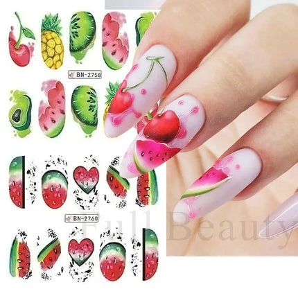 Nail Art Fruit Water Transfer Sticker Summer Watermelon Avocado Slider for Nail Lemon Abstract Line Design Manicure Decal Decor