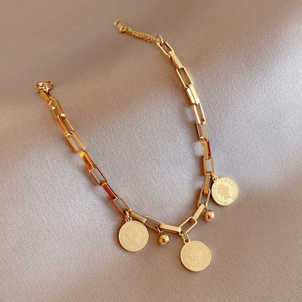 1pcs Gold-color Bracelet Ladies Hip Hop Style Stainless Steel Round Sign Portrait Pendant Wide Cross Chain Jewelry