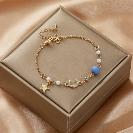 Korean Simple Star Moon Zircon Pearl Bracelet For Women Ladies Cute Elegant Exquisite Shiny Link Chain Bracelet Charm Jewelry