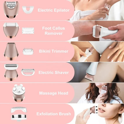 6in1 Set Electric Epilator Women Female Shaver Leg Body Hair Removal Face Lady Razor Bikini Trimmer Facial Hair Remover Wet&Dry