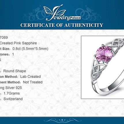 JewelryPalace Celtic Knot Created Pink Sapphire 925 Sterling Silver Ring for Women Promise Engagement Ring Fine Jewelry Gift