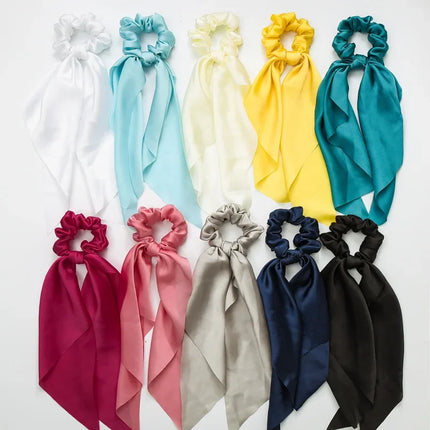 Sweet Long Ribbon Solid Bow Scrunchies Satin Ponytail Fashion Hair Ties Women Girls Elastic Hair Bands Headwear Hair Accessories