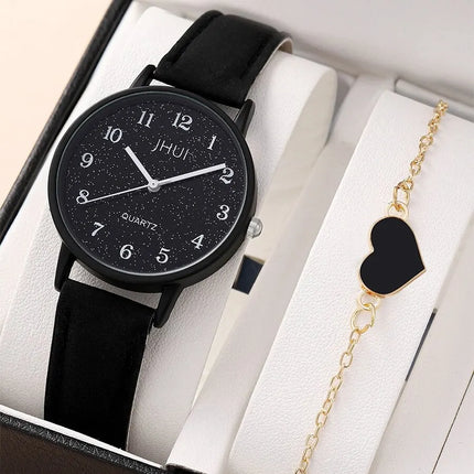 1pc Women Quartz Watch With Qpc Heart Bracelet Fashion Casual Round Pointer Quartz Watch Dainty Black Heart Bracelet Set