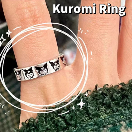 1PC Anime Sanrio Figure Opening Adjustable Ring Hello Kitty Kuromi Kawaii Cartoon Couple Ring Metal Jewelry Collectible Toy Gift