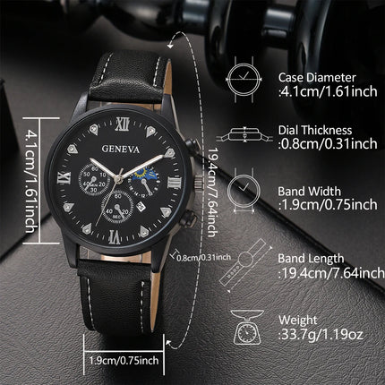 5PCS/Set Black Men Watch Roman Numeral Diamond Scale Element Dial Quartz Wristwatch Leather Strap Watch Jewelry Set Gift For Him