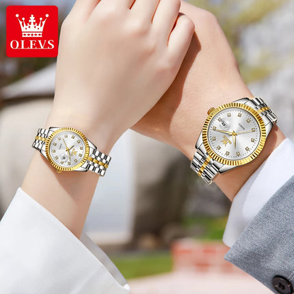 OLEVS 5526 Top Luxury Lover's Wristwatch Stainless Steel Waterpoof Calendar Clock Diamond Lap Quartz Couple Watch for Men Women