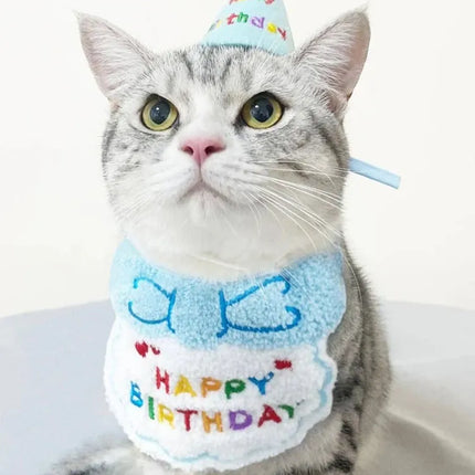 Cat Dog Birthday Bib and Party Hat Mini Doggy Cat Adjustable Bandana Scarf Pet Birthday Outfit Puppy Supplies