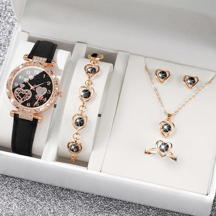 5PCS/Set Fashion Rhinestone Heart Women Watch Jewelry Set Female Leather Band Quartz Wrist Watch（Without Box）