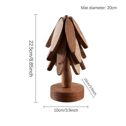 Wooden Trivets for Hot Dishes Folding Tree Shape Black Walnut Table Mat Holders Heat Insulated Pad Set Coasters for Pots