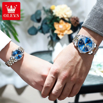 OLEVS 9970 New Luxury Quartz Couple Watch For Men Women Number Dial Rhombus Mirror Hand Clock Stainless Steel Original Watches