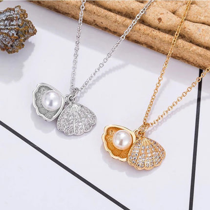 Summer Fashion Crystal Zircon Shell Imitation Pearl Pendant Necklace For Women  Collar Beach Neck Jewelry